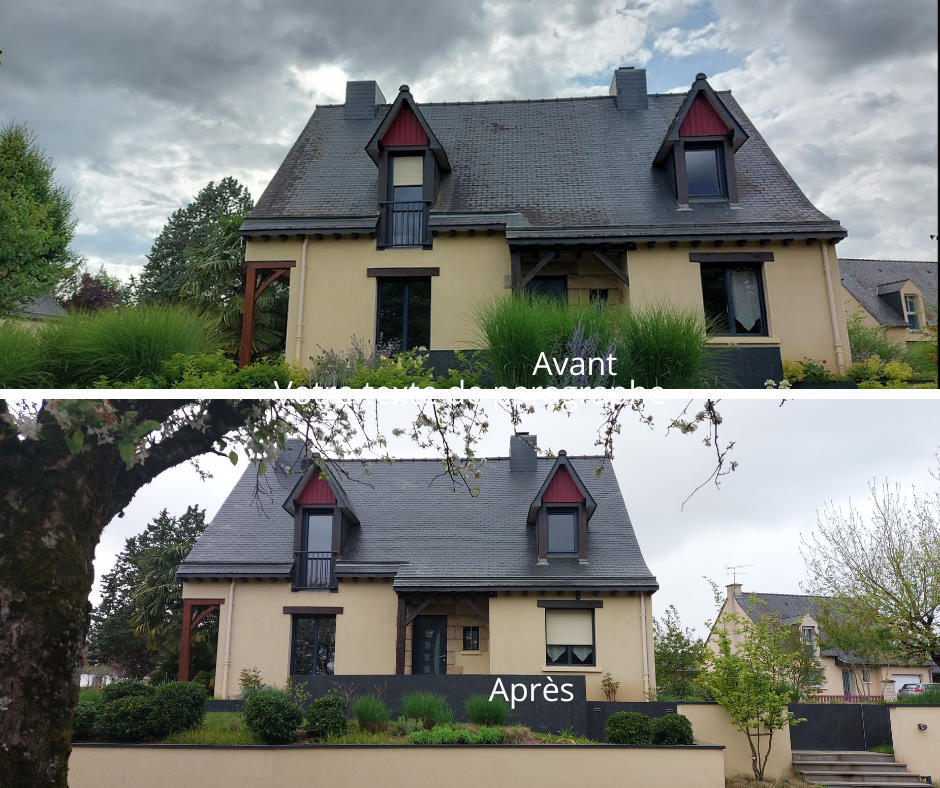 Démoussage de toiture près de Rennes, comparaison avant et après traitement avec drône