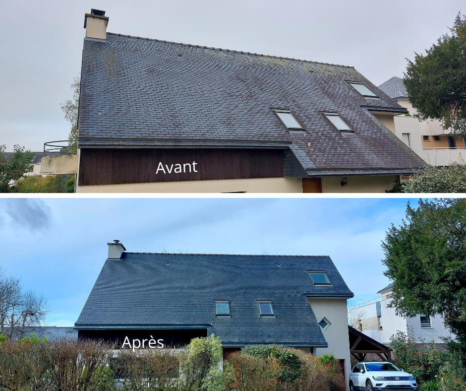 Différence avant et après démoussage et nettoyage de toîture en ardoise en région de Rennes